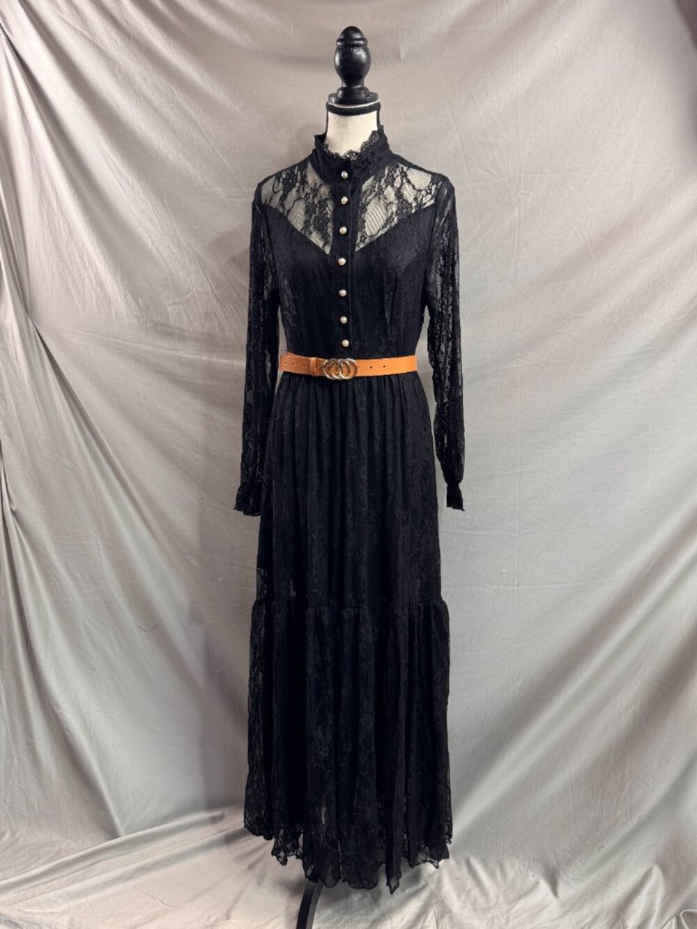 Victorian Black Lace Maxi Dress High Neck Long Sleeve Gothic Boho Gown - Picture 10 of 13